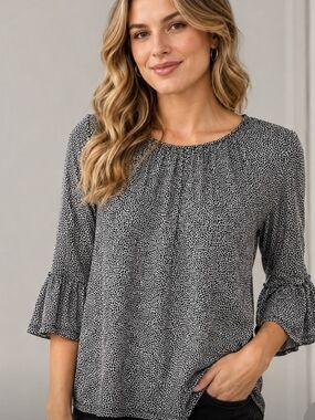 Michael Kors Black and White Micro-Spot Ruffle-Sleeve Blouse